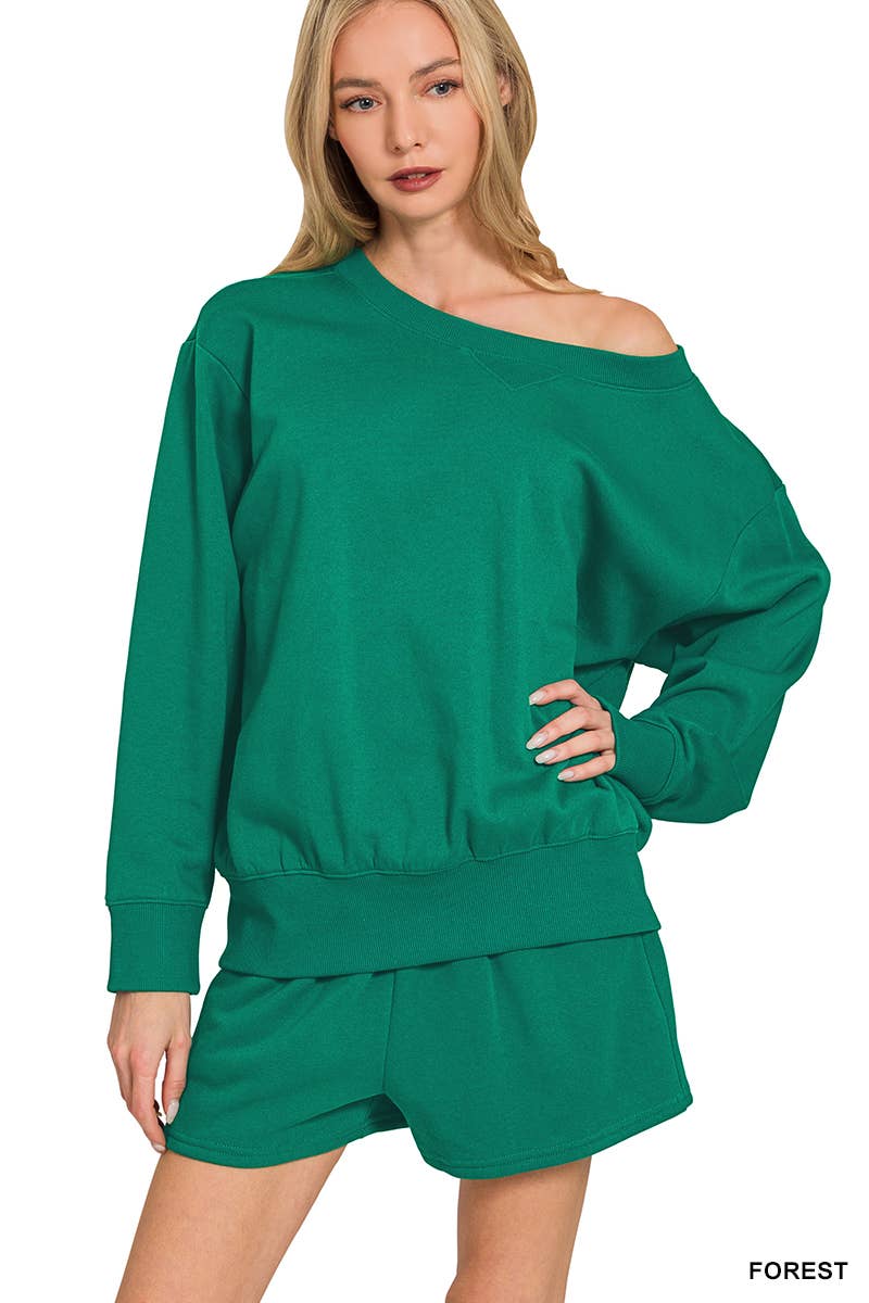 Fleece Sweatshirts & Drawstring Shorts 2pc Set Zenana: ASH MOCHA-186261 / S