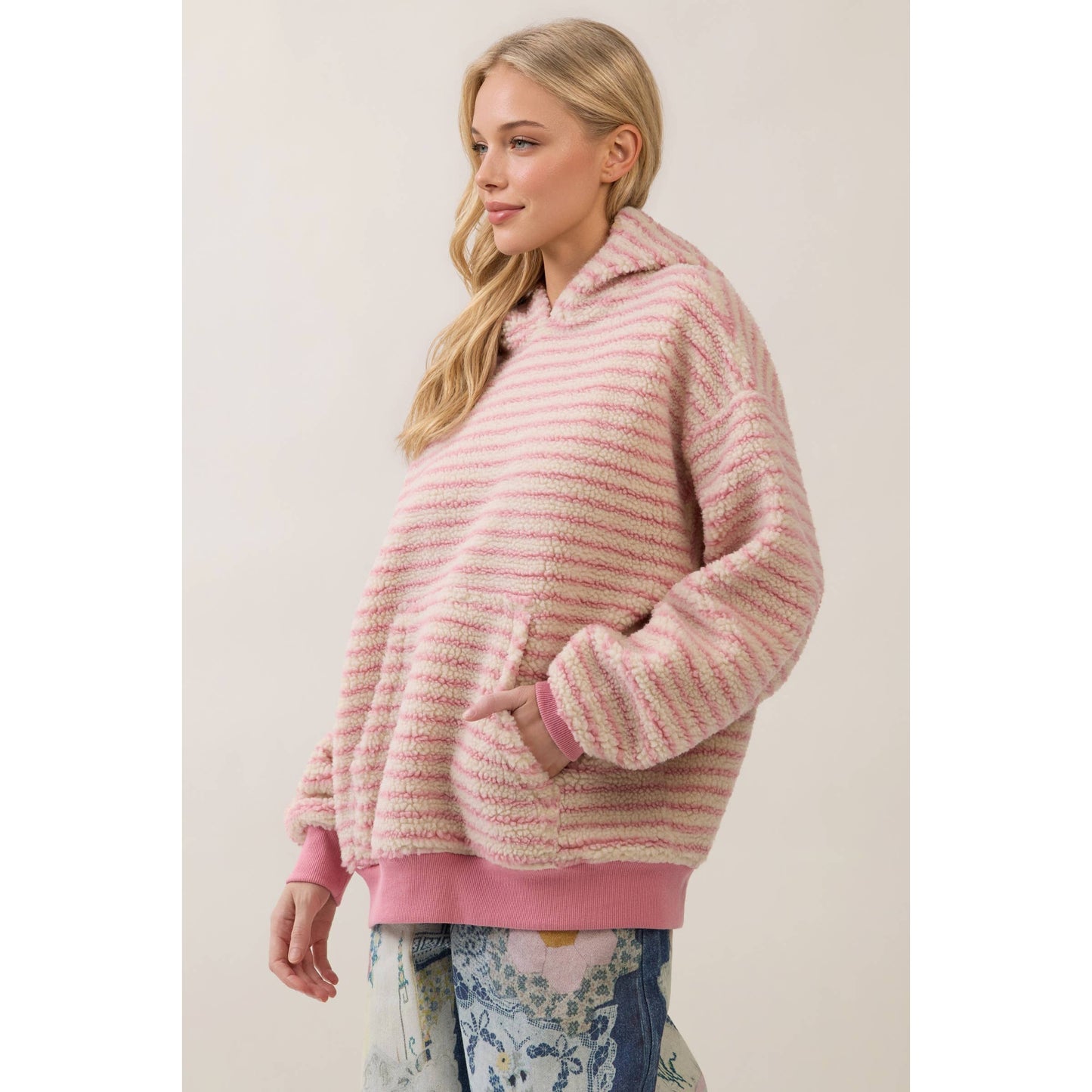 Teddy Striped Contrast Cozy Hoodie: Brown / S