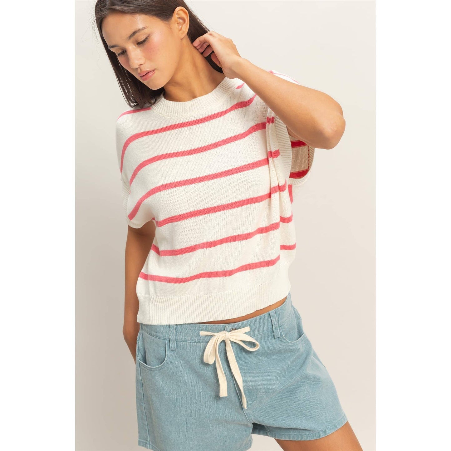 Striped Crew Neck Knit Top: BLACK / S-M-L(2-2-2)