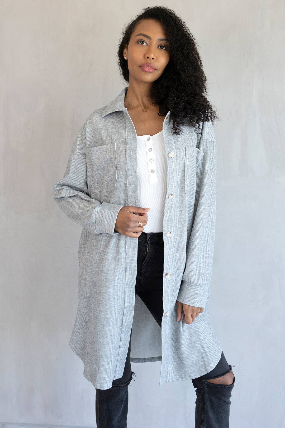 SKT2205 Edith Long Shacket with Pockets: Lt. Grey / S/M