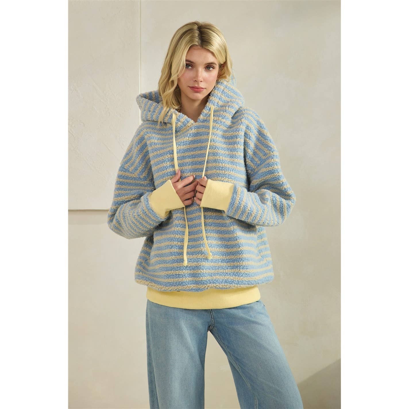 Teddy Striped Contrast Cozy Hoodie: Brown / M