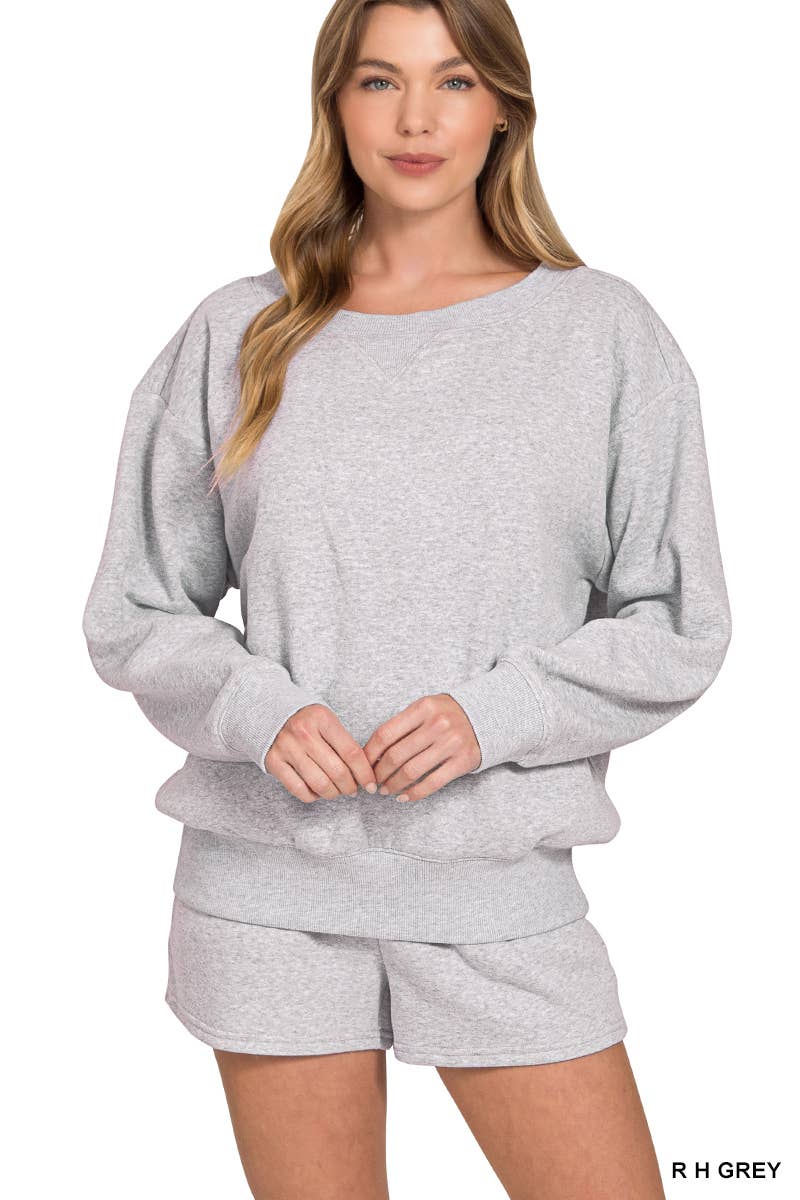 Fleece Sweatshirts & Drawstring Shorts 2pc Set Zenana: ASH MOCHA-186261 / S