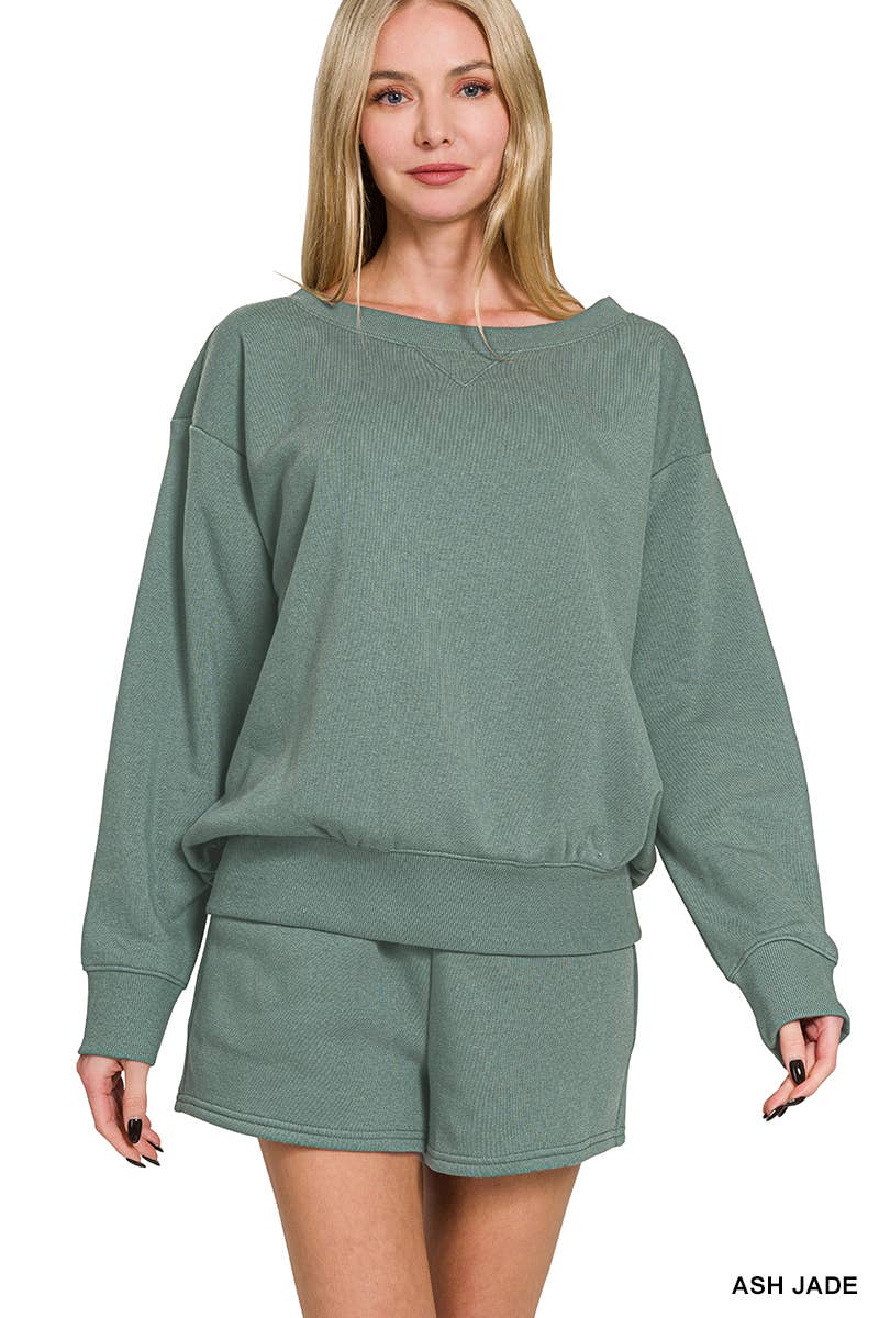 Fleece Sweatshirts & Drawstring Shorts 2pc Set Zenana: ASH MOCHA-186261 / S