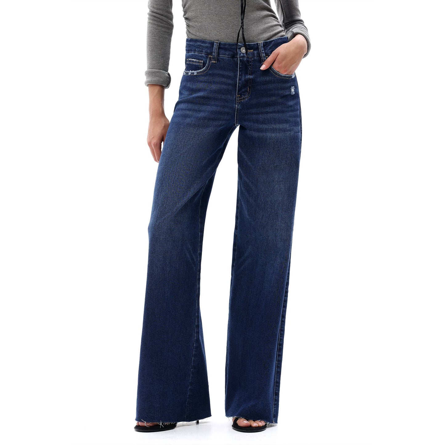 Mid Rise Wide Leg Jeans Raw Hem Vintage Distressed OSW8019: VINTAGE BLUE / 26
