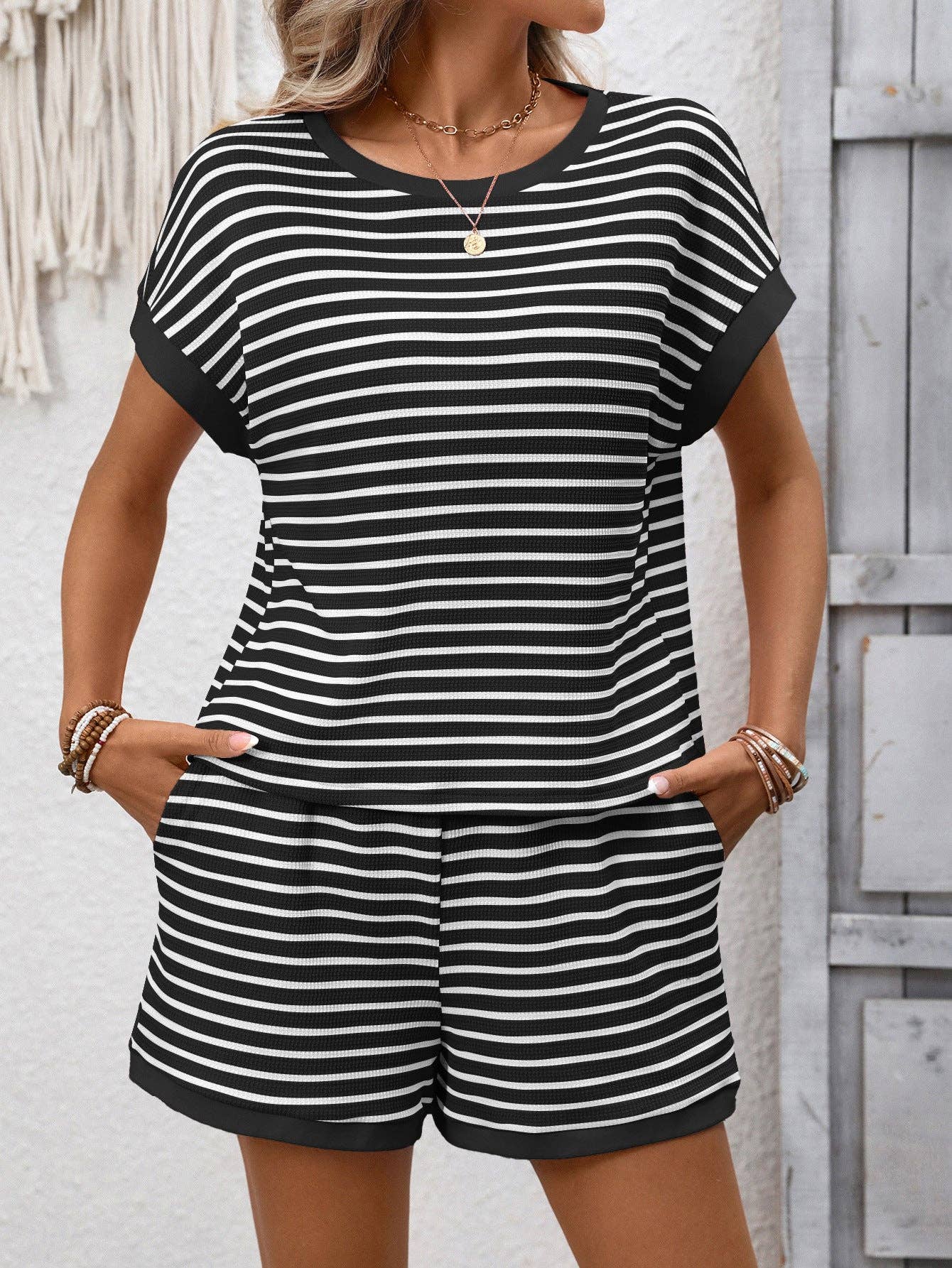 Striped Short Sleeve Top & Shorts Lounge Set: Dark Pink / 65%Viscose + 35%POLYESTER / M