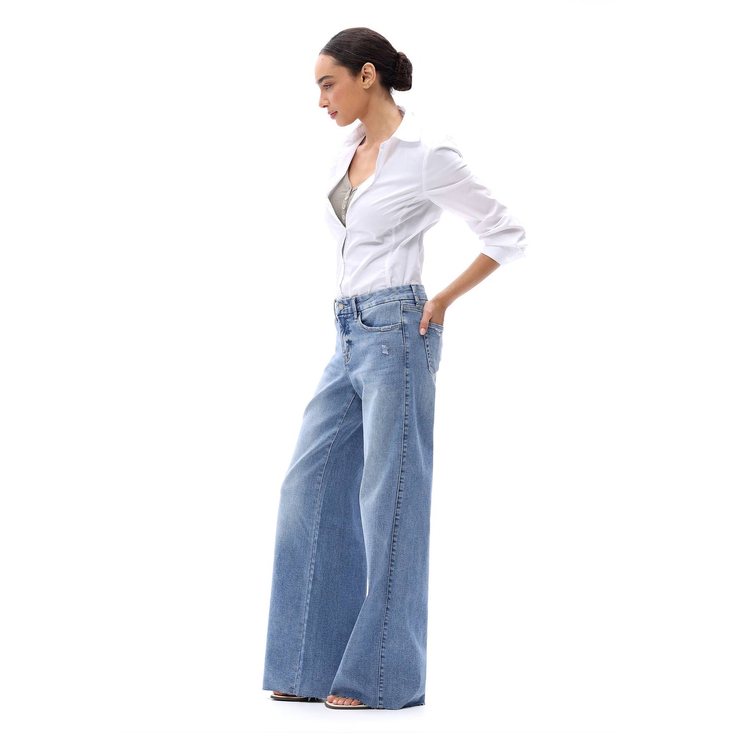 Mid Rise Wide Leg Jeans Raw Hem Vintage Distressed OSW8019: VINTAGE BLUE / 26