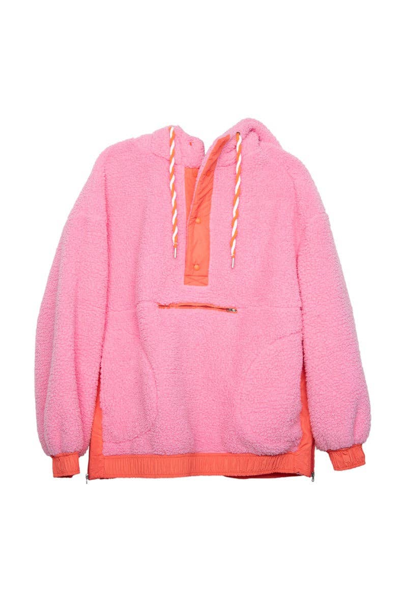 Pink Two-Toned Sherpa Pullover Hoodies: Pink / L