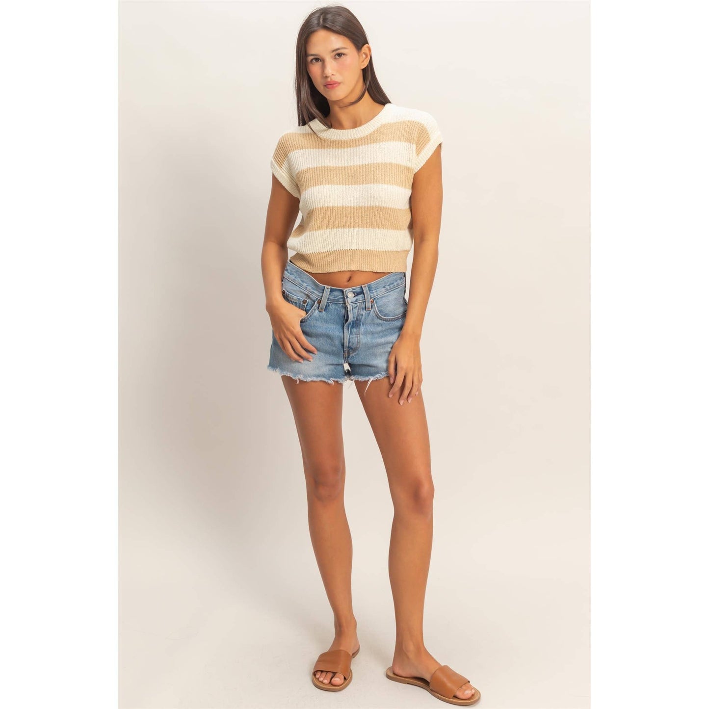 Striped Ribbed Knit Top: TAUPE / S-M-L(2-2-2)