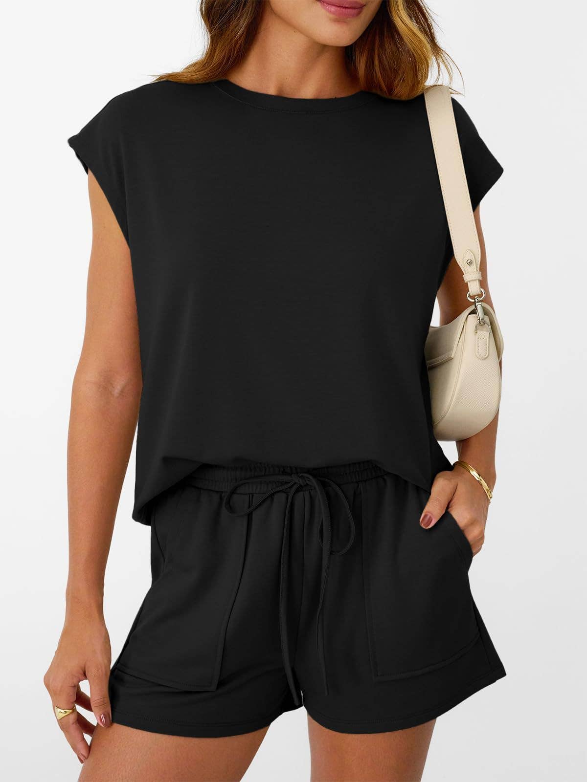 Casual Lounge Set Cap Sleeve Top Drawstring Shorts: Black / 65%Polyester+30%Viscose+5%Elastane / S
