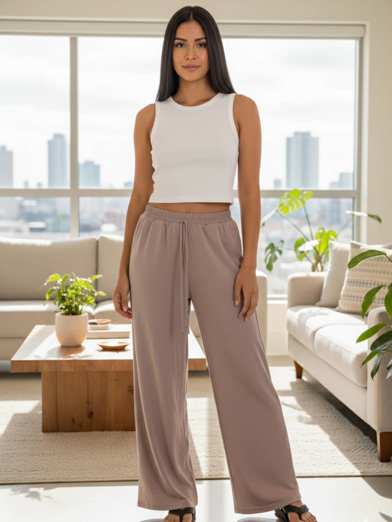 Drawstring waist wide leg minimalist pants: Black / S