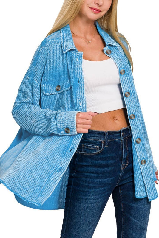 Acid Wash Oversized Cotton Waffle Shacket: DEEP SKY / 3-3 (S/M-L/XL)