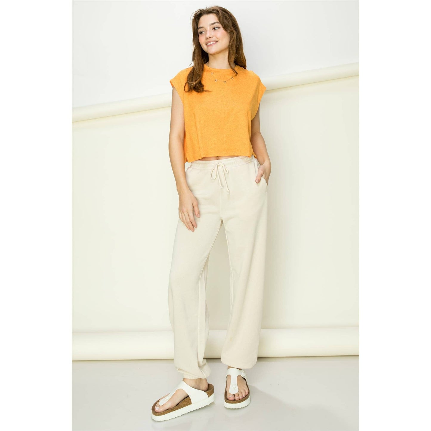 Crew Neck Cropped Top: KHAKI / S-M-L(2-2-2)