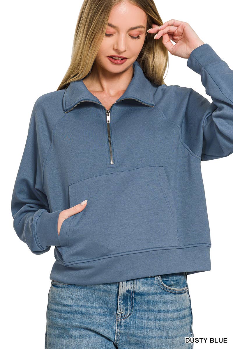 Scuba Half Zip Pullover With Kangaroo Pocket Zenana: CHOCOLATE-202375 / S