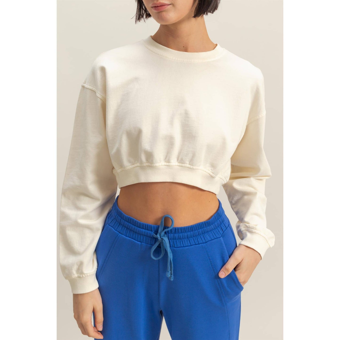 Crew Neck Long Sleeve Crop Sweatshirt: DUSTY INDIGO / S-M-L(2-2-2)