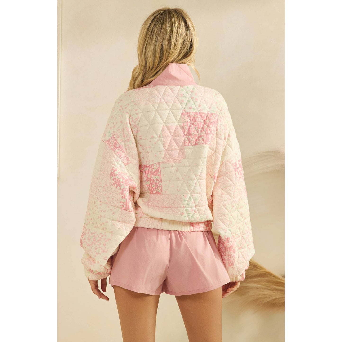Textured Contrast printed Quarterzip Sweater: Pink Combo / L