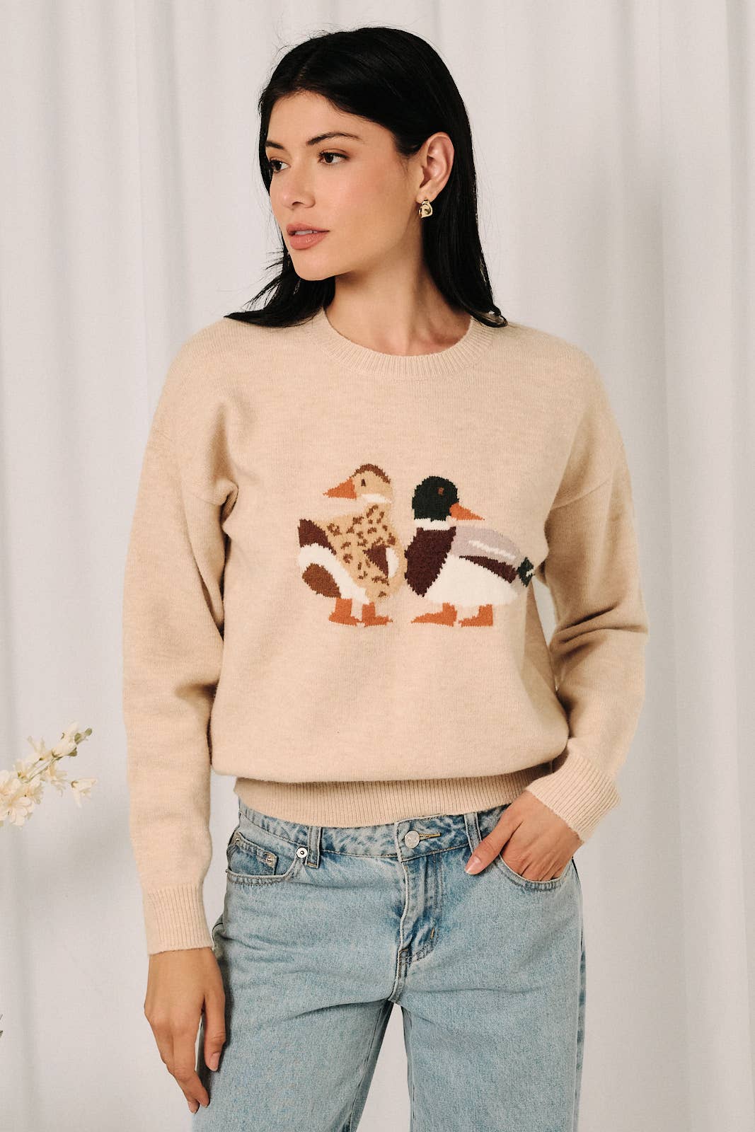 Round Neck Mallard Duck Graphic Long Sleeve Knit Sweater: LAVENDER / M