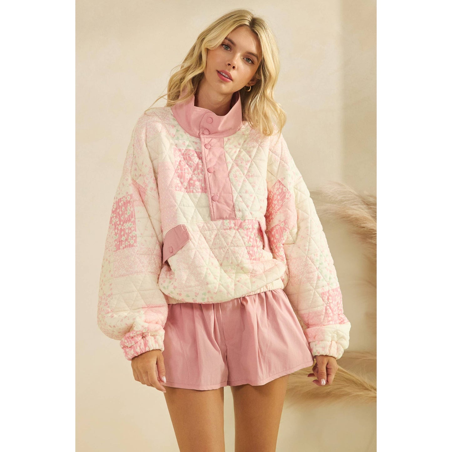 Textured Contrast printed Quarterzip Sweater: Pink Combo / M