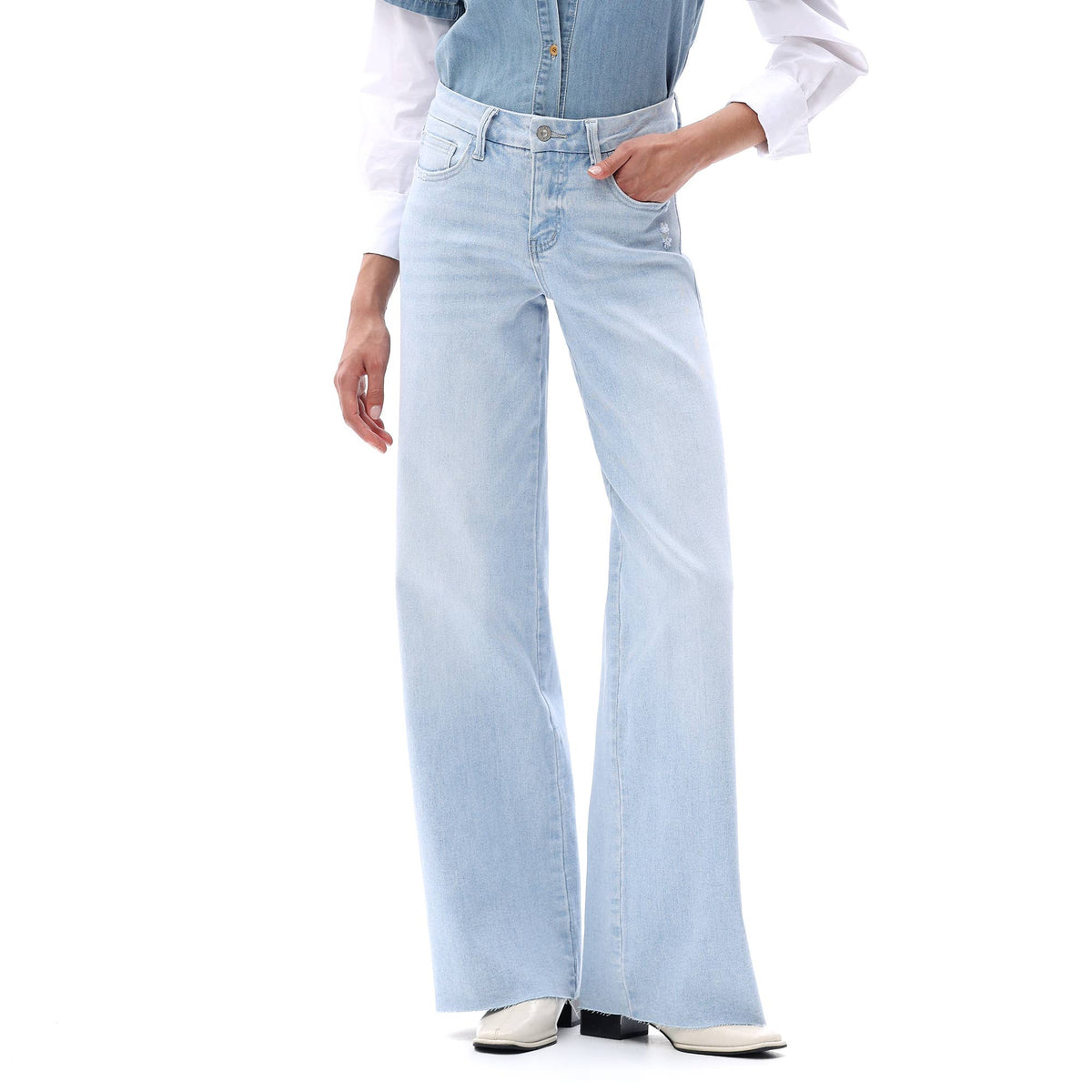 Mid Rise Wide Leg Jeans Raw Hem Vintage Distressed OSW8019: VINTAGE BLUE / 31