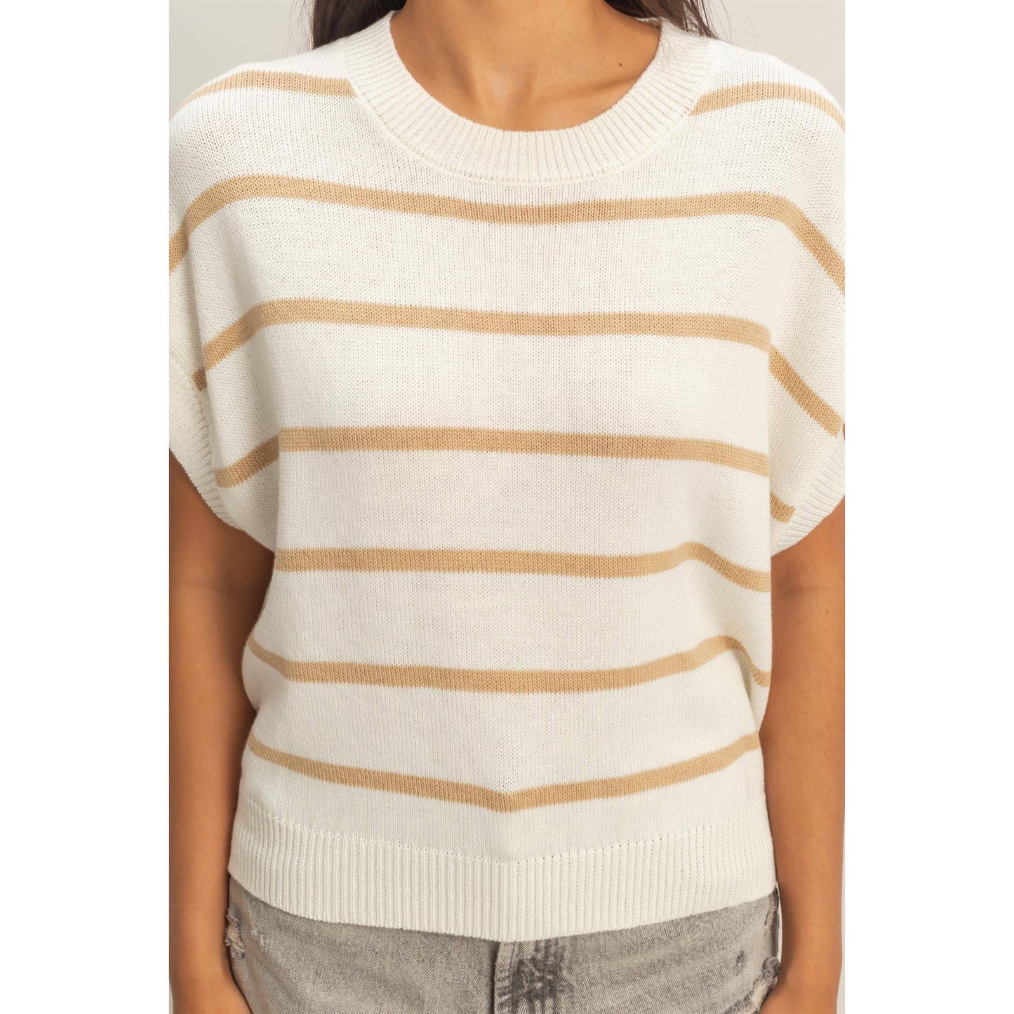 Striped Crew Neck Knit Top: BLUE / S-M-L(2-2-2)
