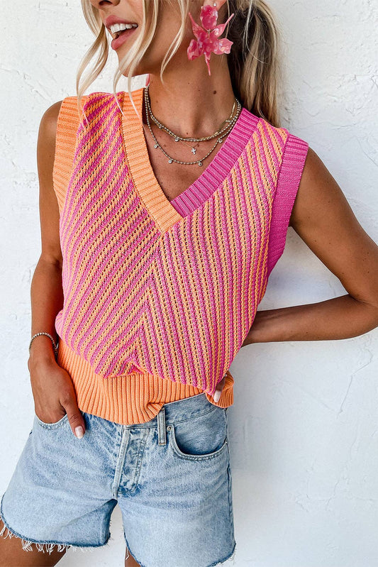Strawberry Pink Contrast Chevron Knit V Neck Sweater Vest: Strawberry Pink / 100%Viscose / S