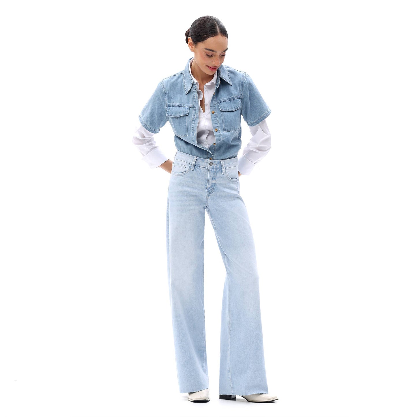 Mid Rise Wide Leg Jeans Raw Hem Vintage Distressed OSW8019: VINTAGE BLUE / 25