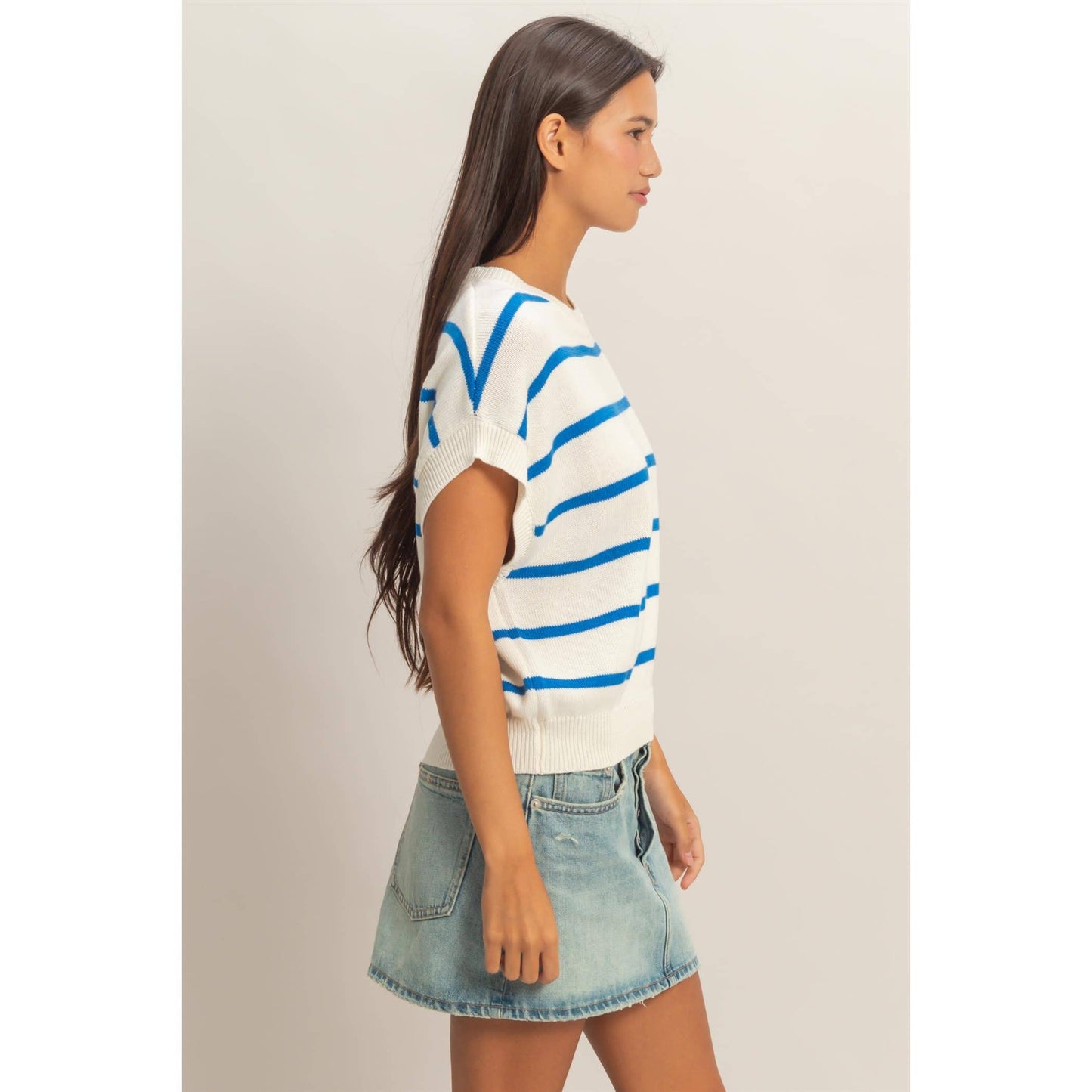 Striped Crew Neck Knit Top: BLUE / S-M-L(2-2-2)
