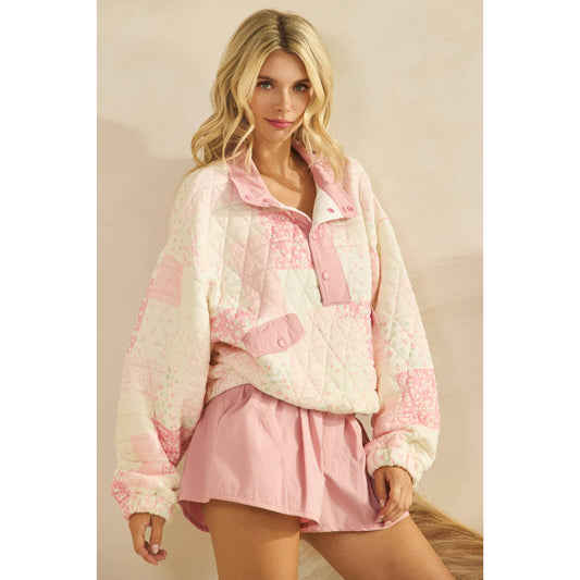 Textured Contrast printed Quarterzip Sweater: Pink Combo / L