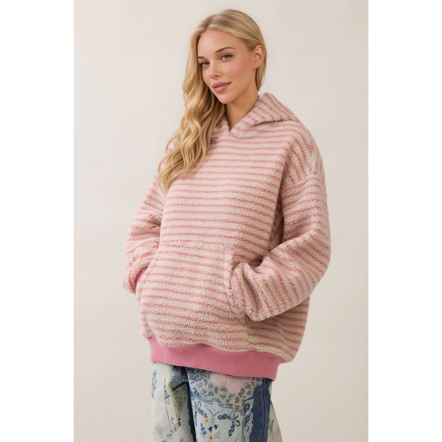 Teddy Striped Contrast Cozy Hoodie: Brown / S