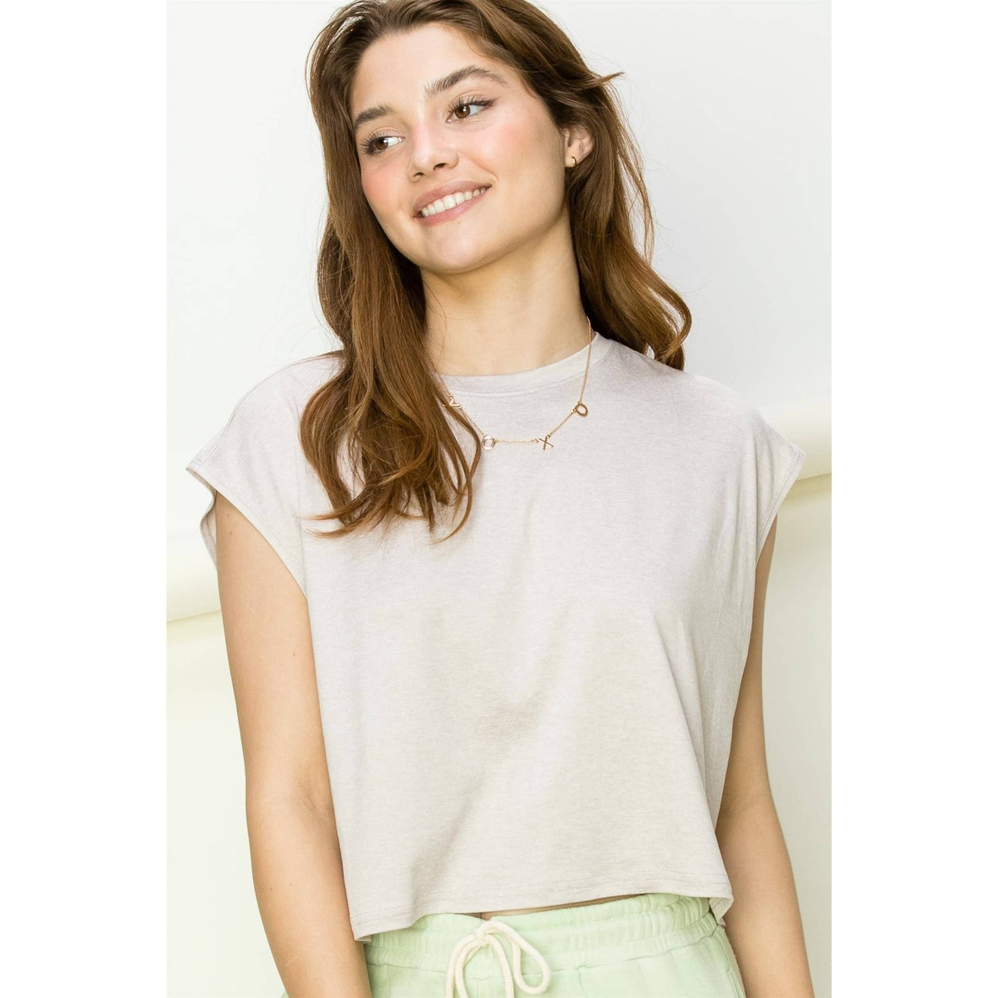 Crew Neck Cropped Top: KHAKI / S-M-L(2-2-2)