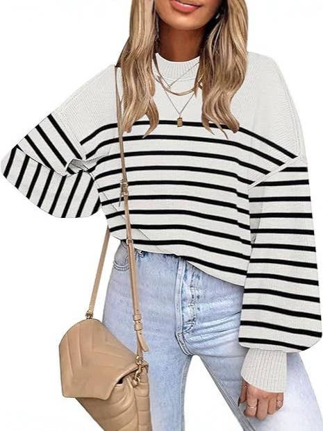 Retro Cozy Multi Striped Lantern Sleeves Knit Sweater: Camel / M