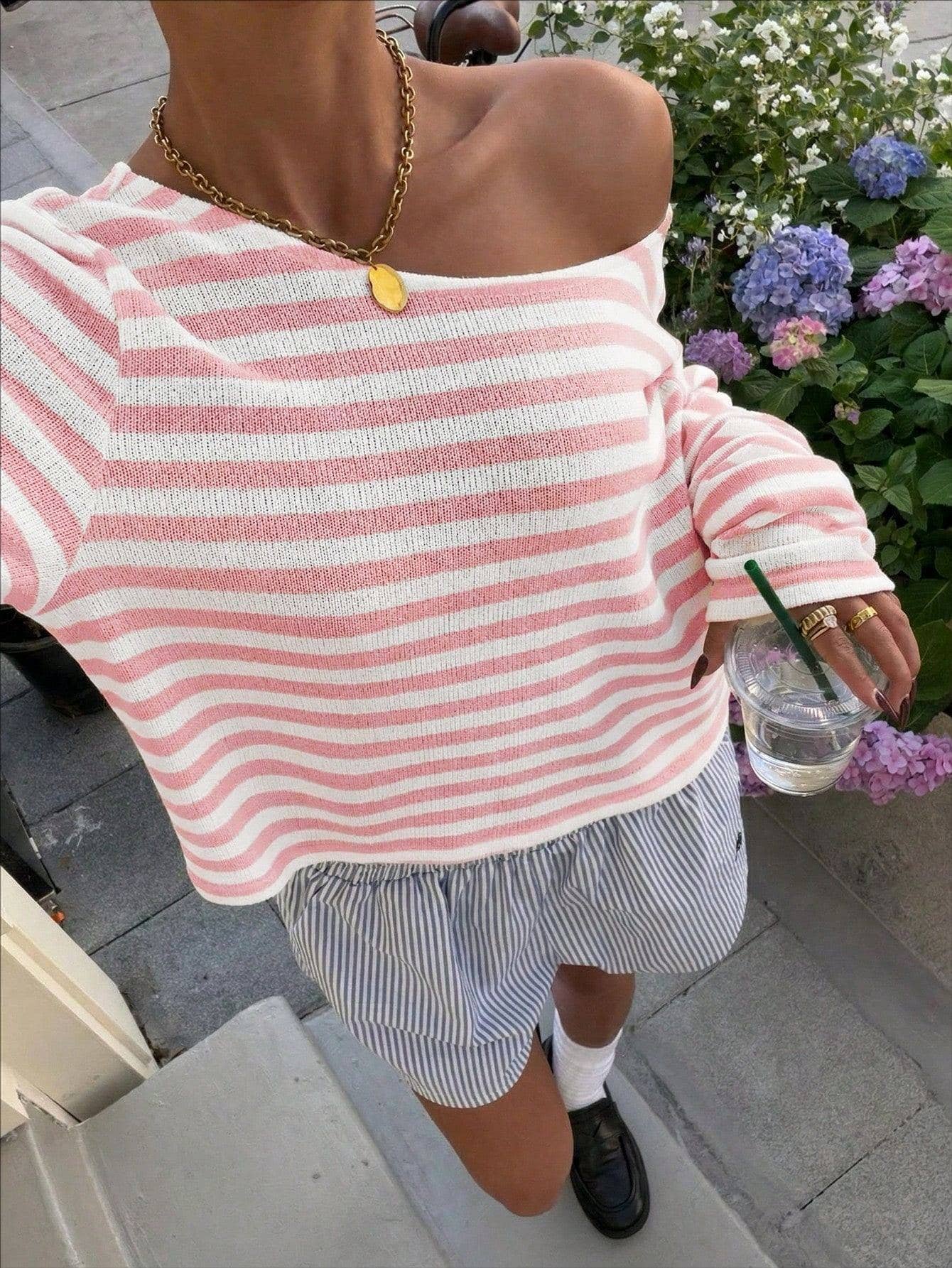 Colorblock Striped Knit Off The Shoulder Sweater Top: Black / L