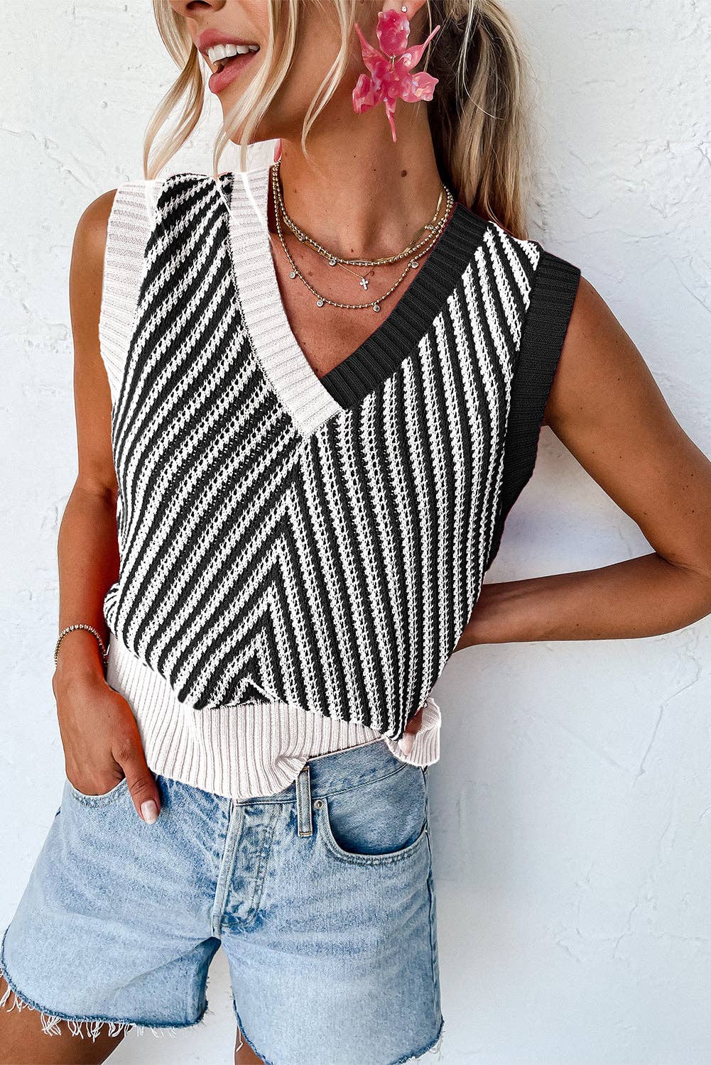 Strawberry Pink Contrast Chevron Knit V Neck Sweater Vest: Strawberry Pink / 100%Viscose / XL