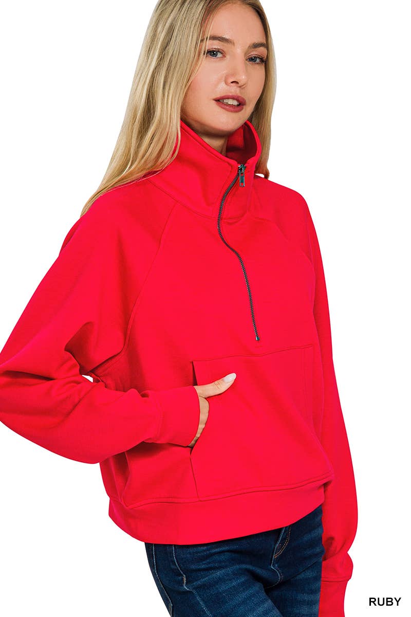 Scuba Half Zip Pullover With Kangaroo Pocket Zenana: H GREY-190578 / L