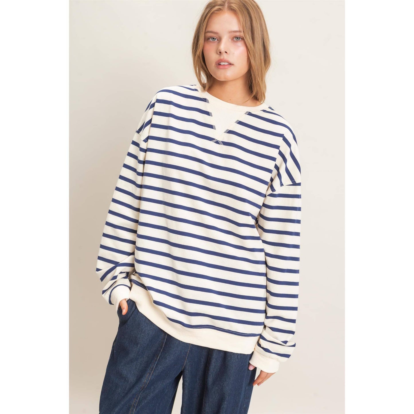 Striped Long Sleeve Pullover: GRAY/ECRU / S-M-L(2-2-2)
