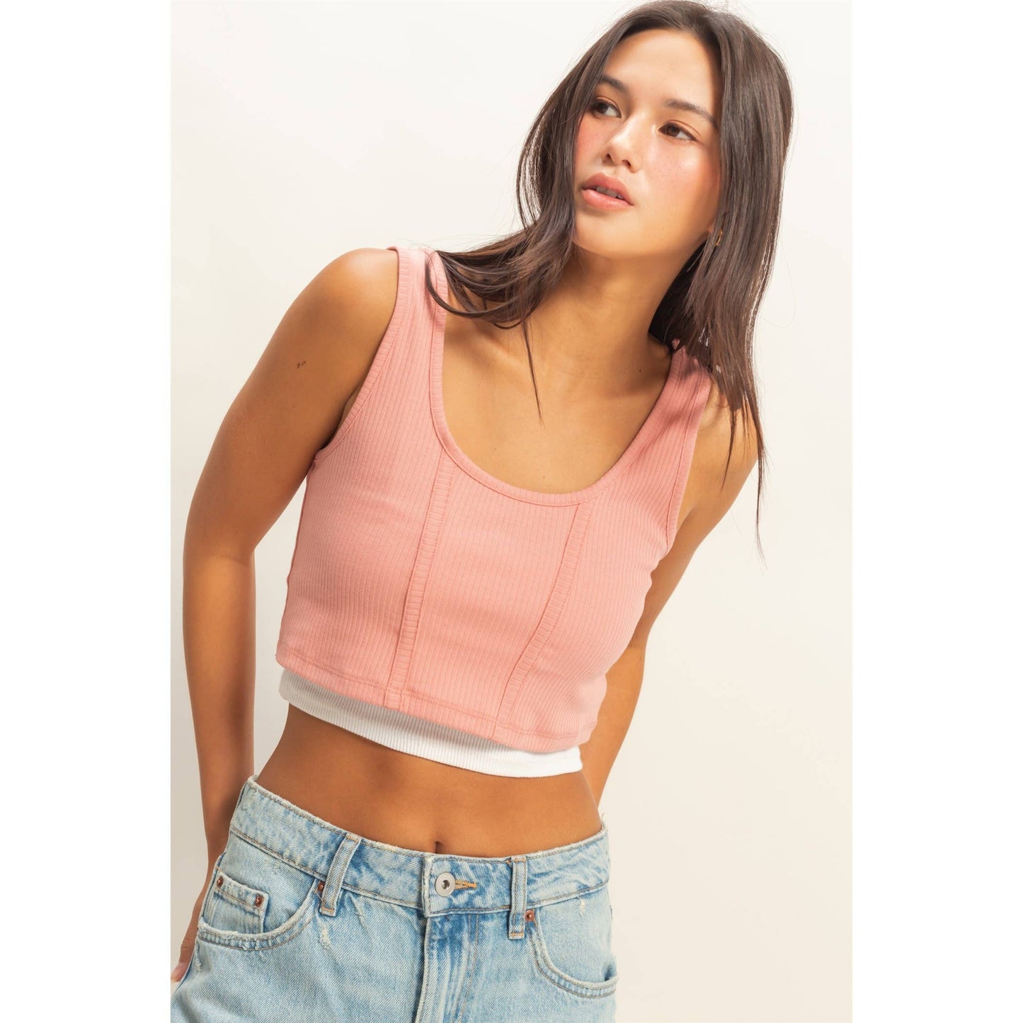 Cropped Ribbed Tank Top: TEAK ROSE / S-M-L(2-2-2)