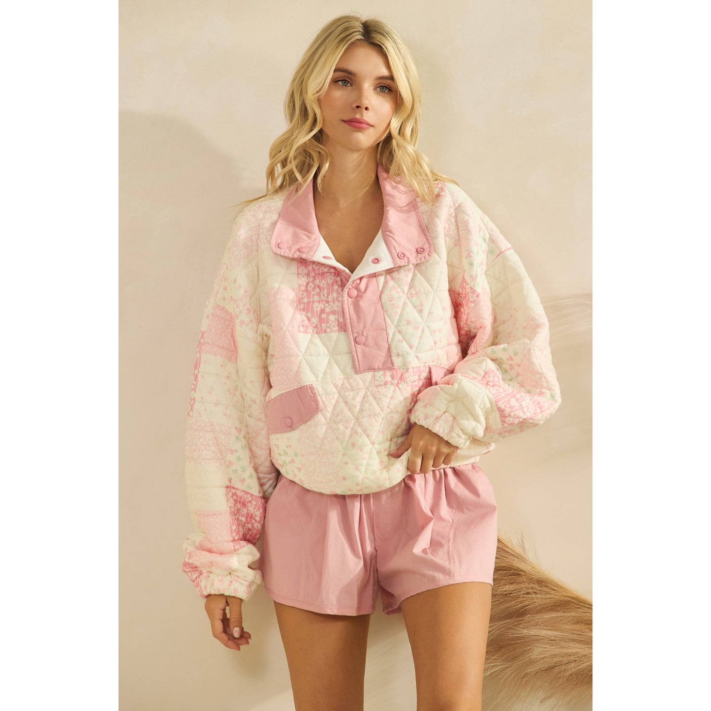 Textured Contrast printed Quarterzip Sweater: Pink Combo / S
