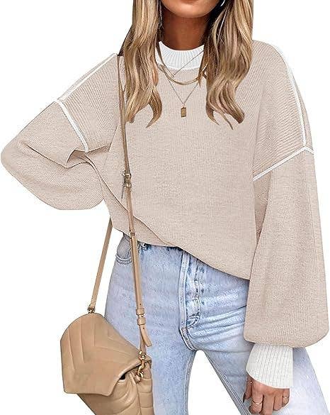 Retro Cozy Multi Striped Lantern Sleeves Knit Sweater: Camel / M
