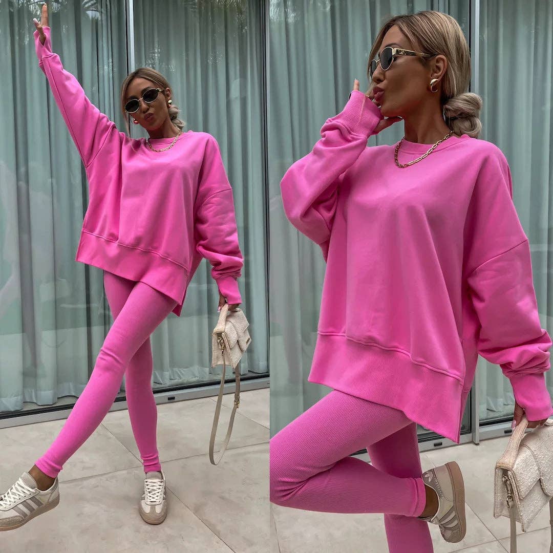 Oversized Sweatshirt and Leggings Two Piece Set: Blue / 100%Polyester / L