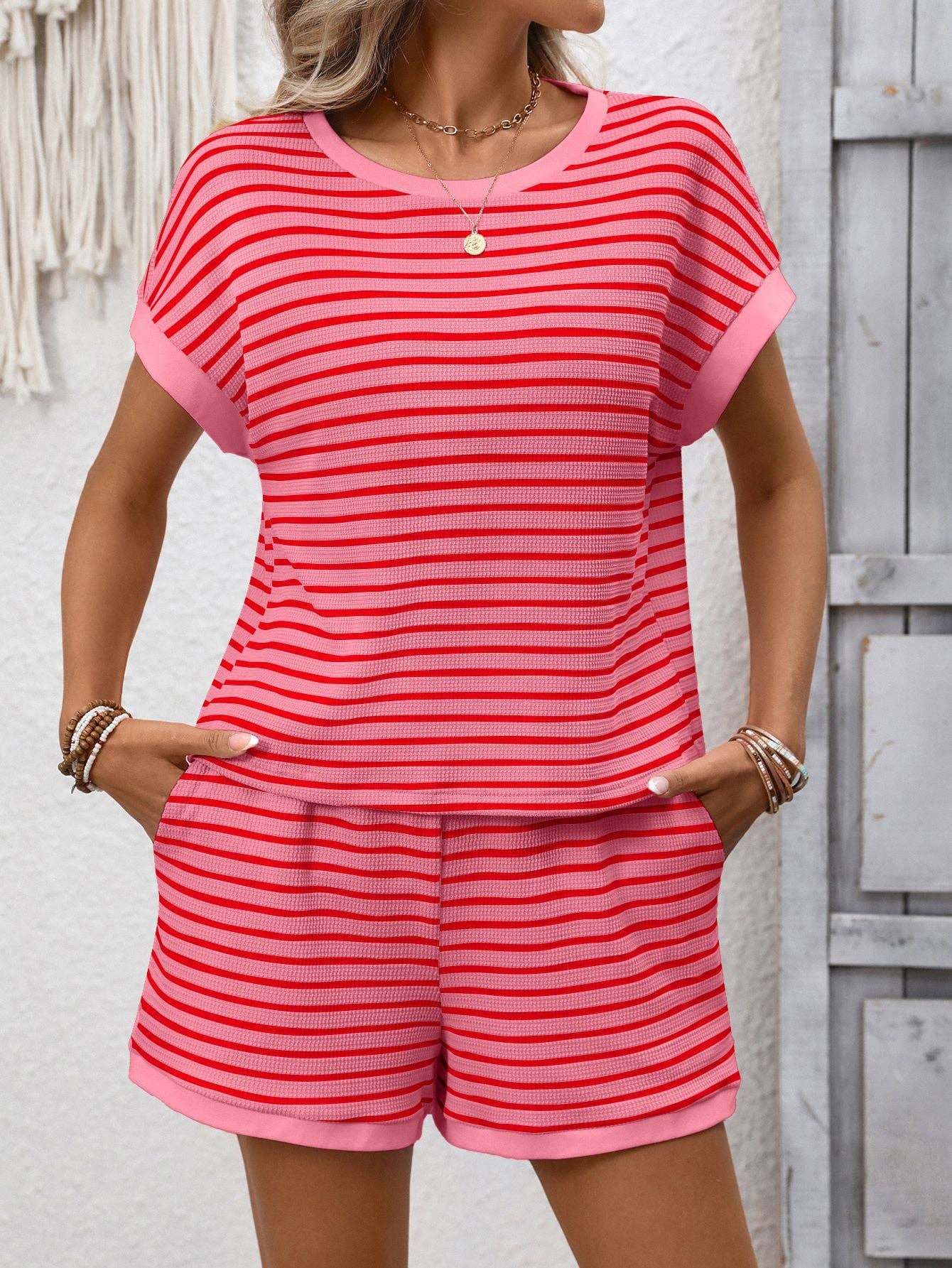 Striped Short Sleeve Top & Shorts Lounge Set: Dark Pink / 65%Viscose + 35%POLYESTER / M