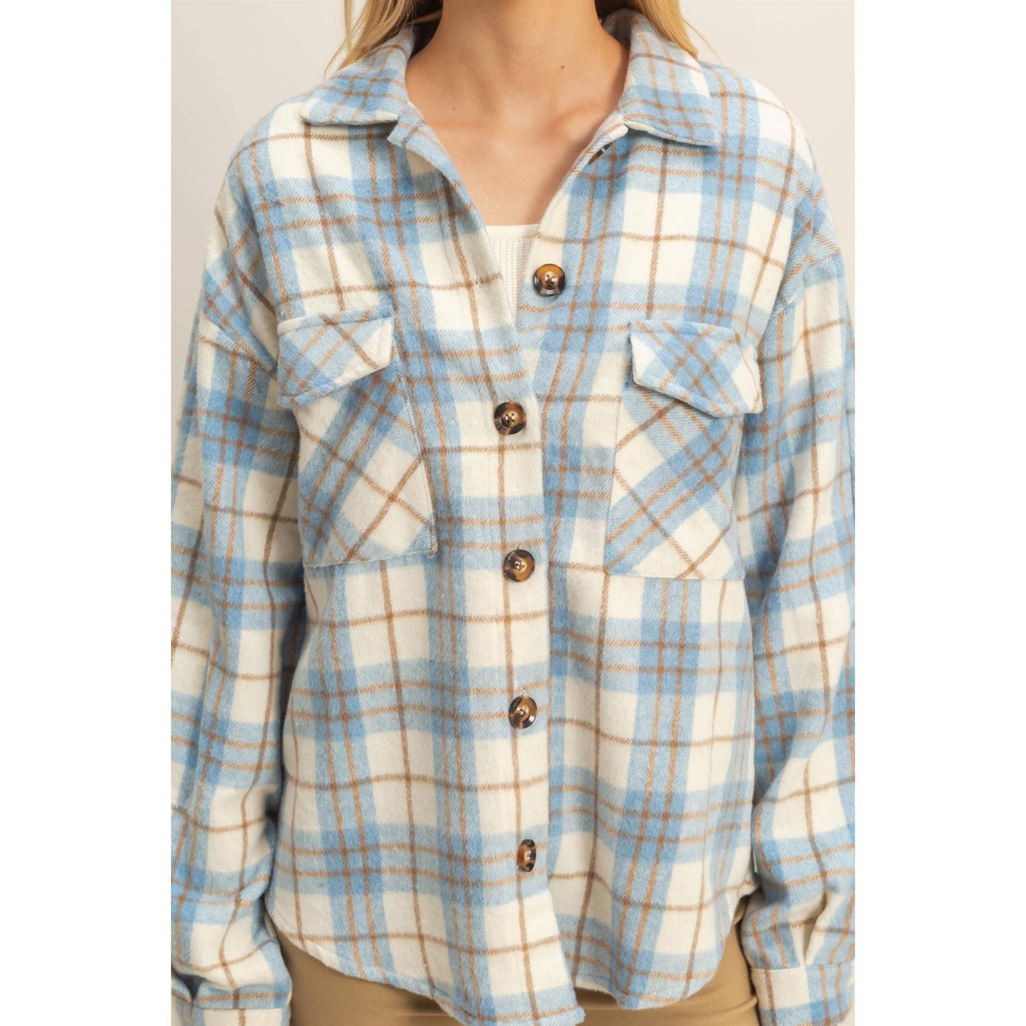 Collared Plaid Shacket: BLUE / S-M-L(2-2-2)