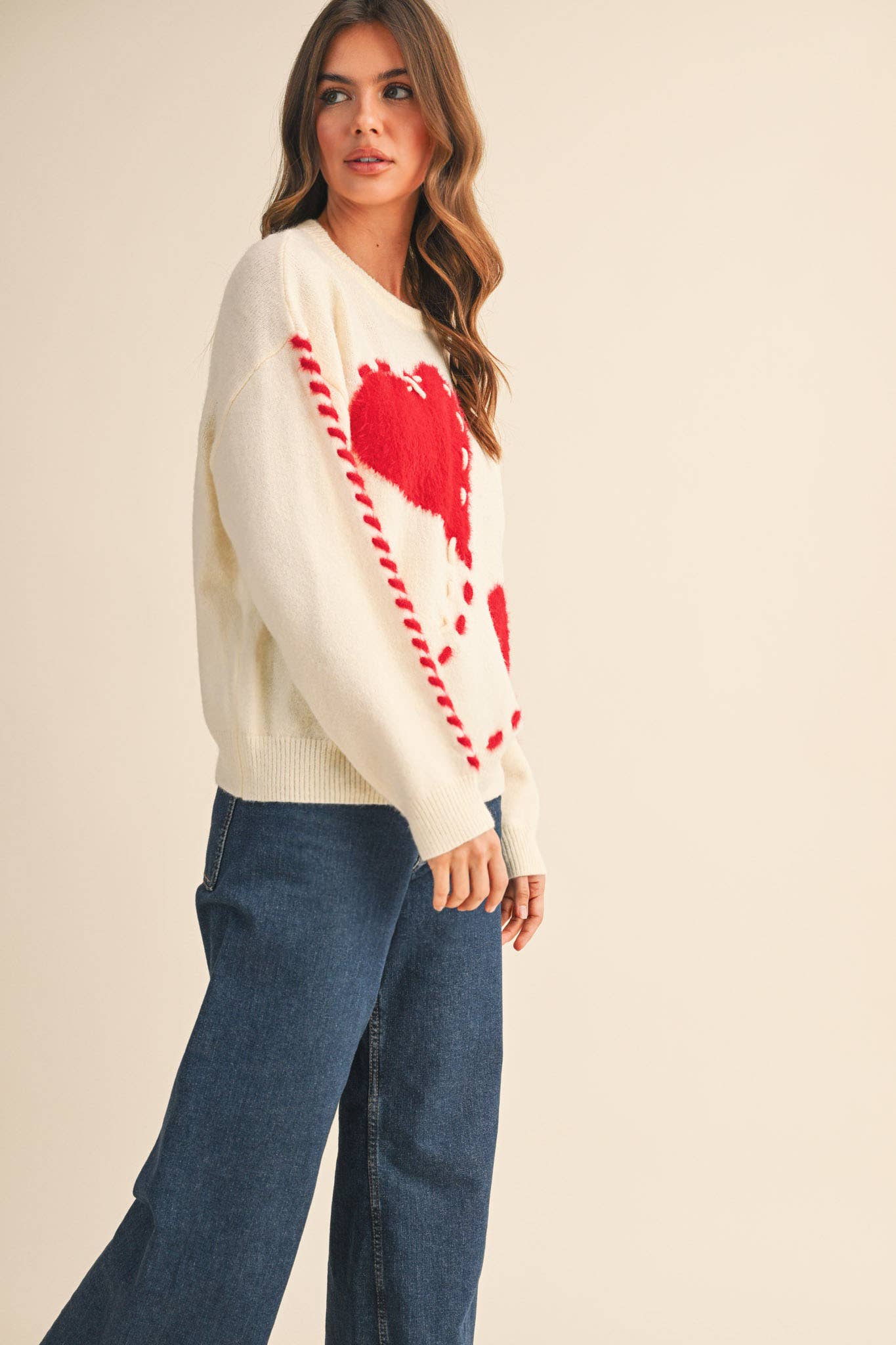 FUZZY HEART KNIT SWEATER WITH WHIP STITCH MSW10990: Red / M