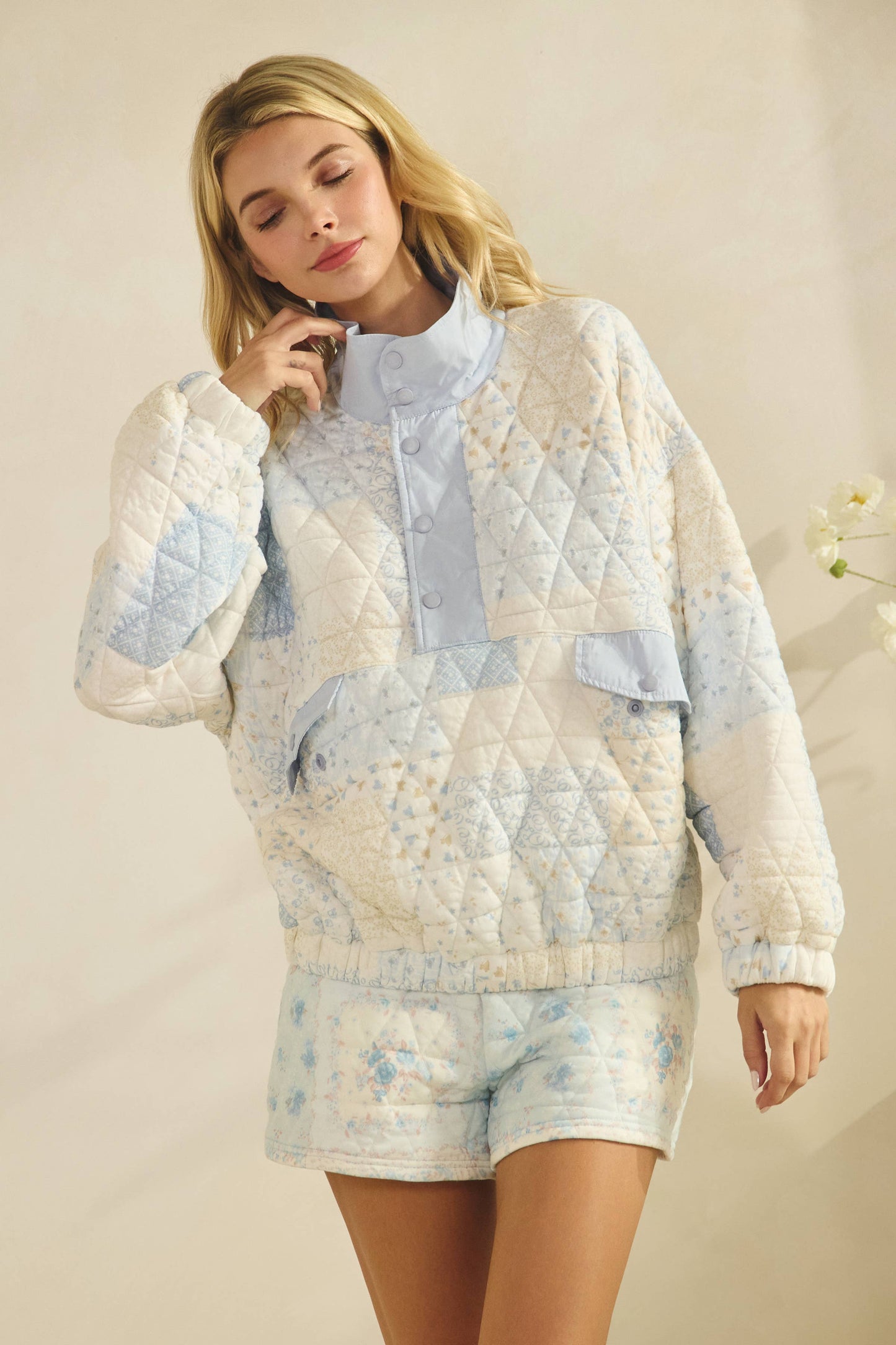 Textured Contrast printed Quarterzip Sweater: Pink Combo / L