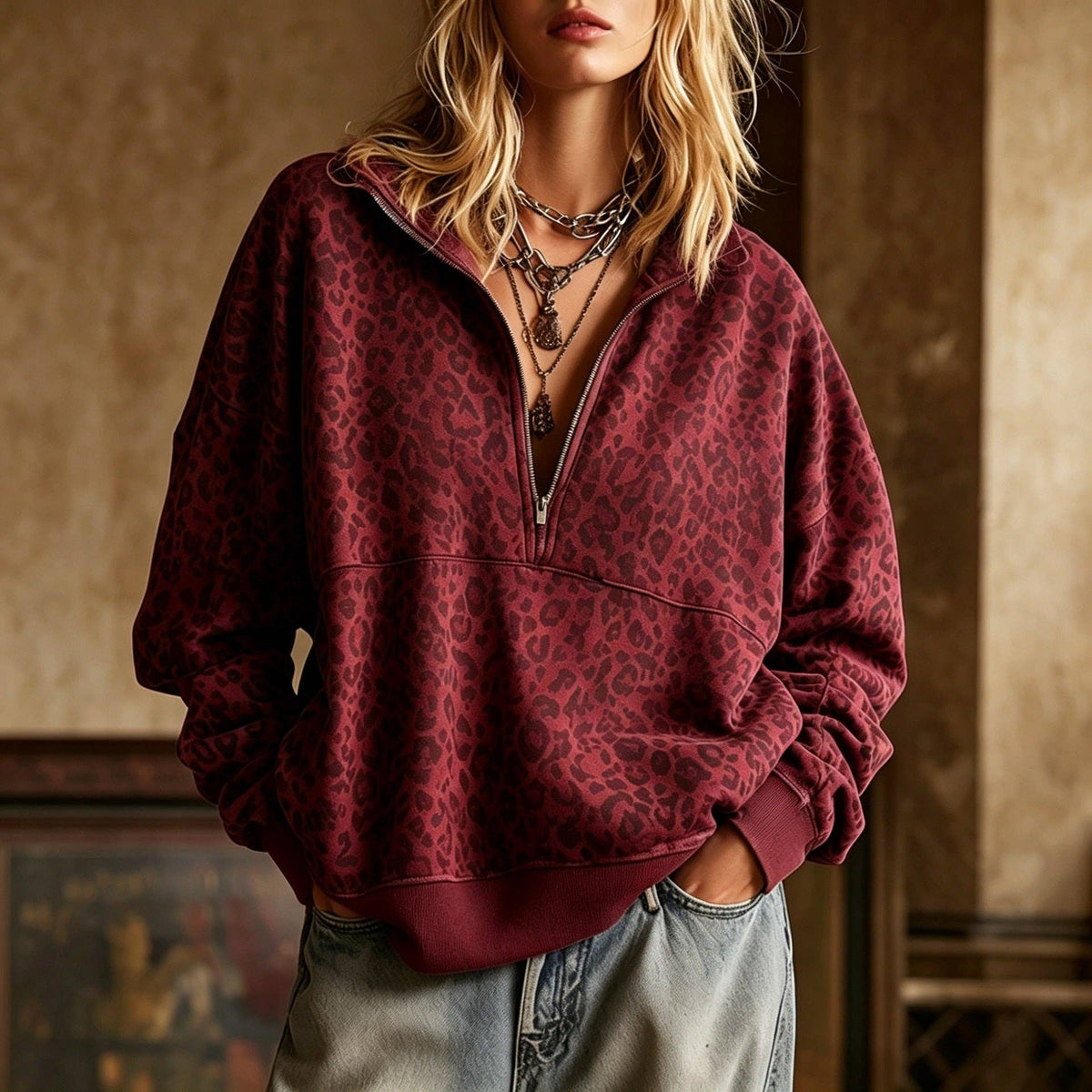 Leopard Print Half Zip Oversized Pullover Sweatshirt: Coffee / 95%Polyester+5%Elastane / S