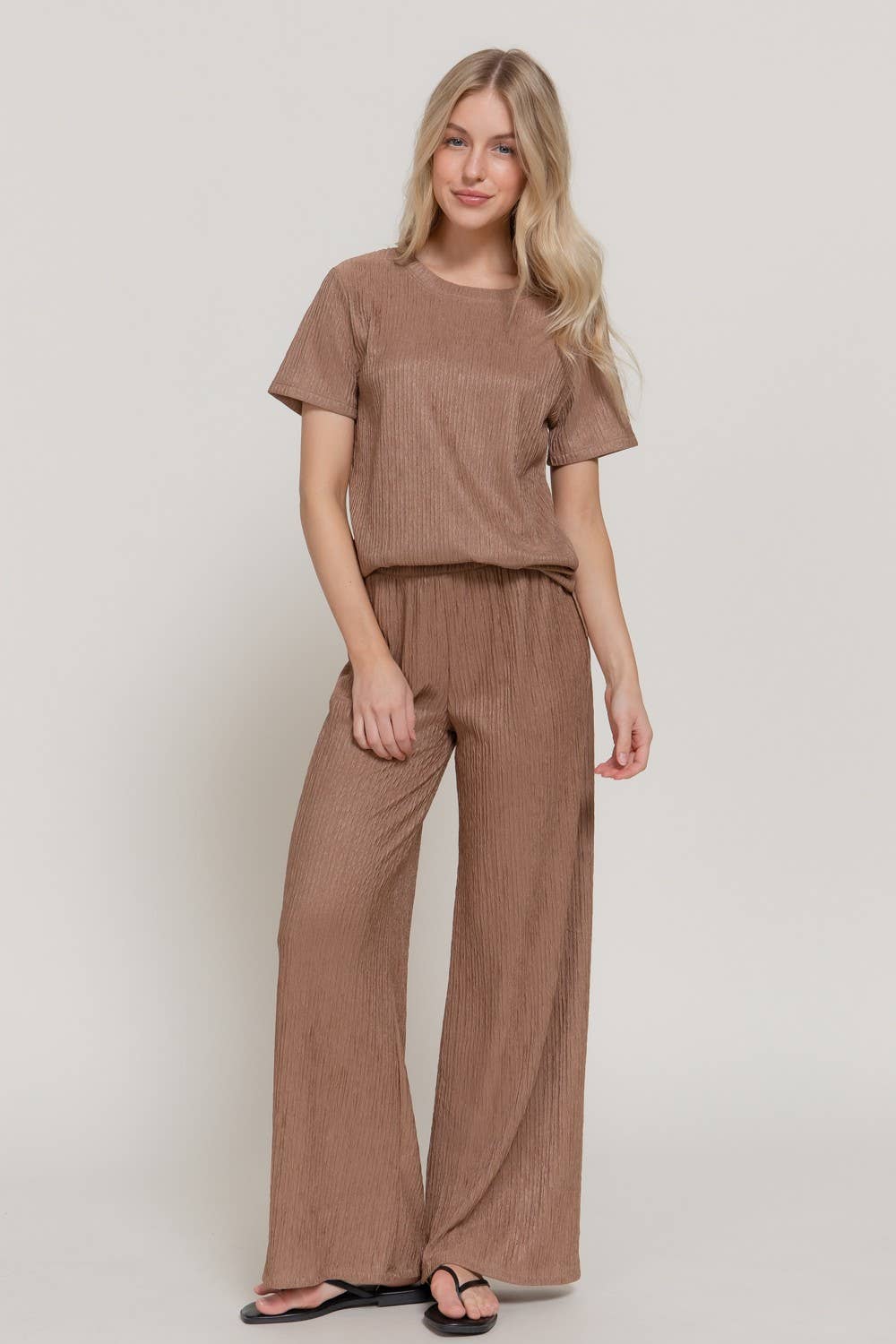0504 Crinkle Knit Top & Pants 2pc Set SI-29441: Blk-Black-194657 / S