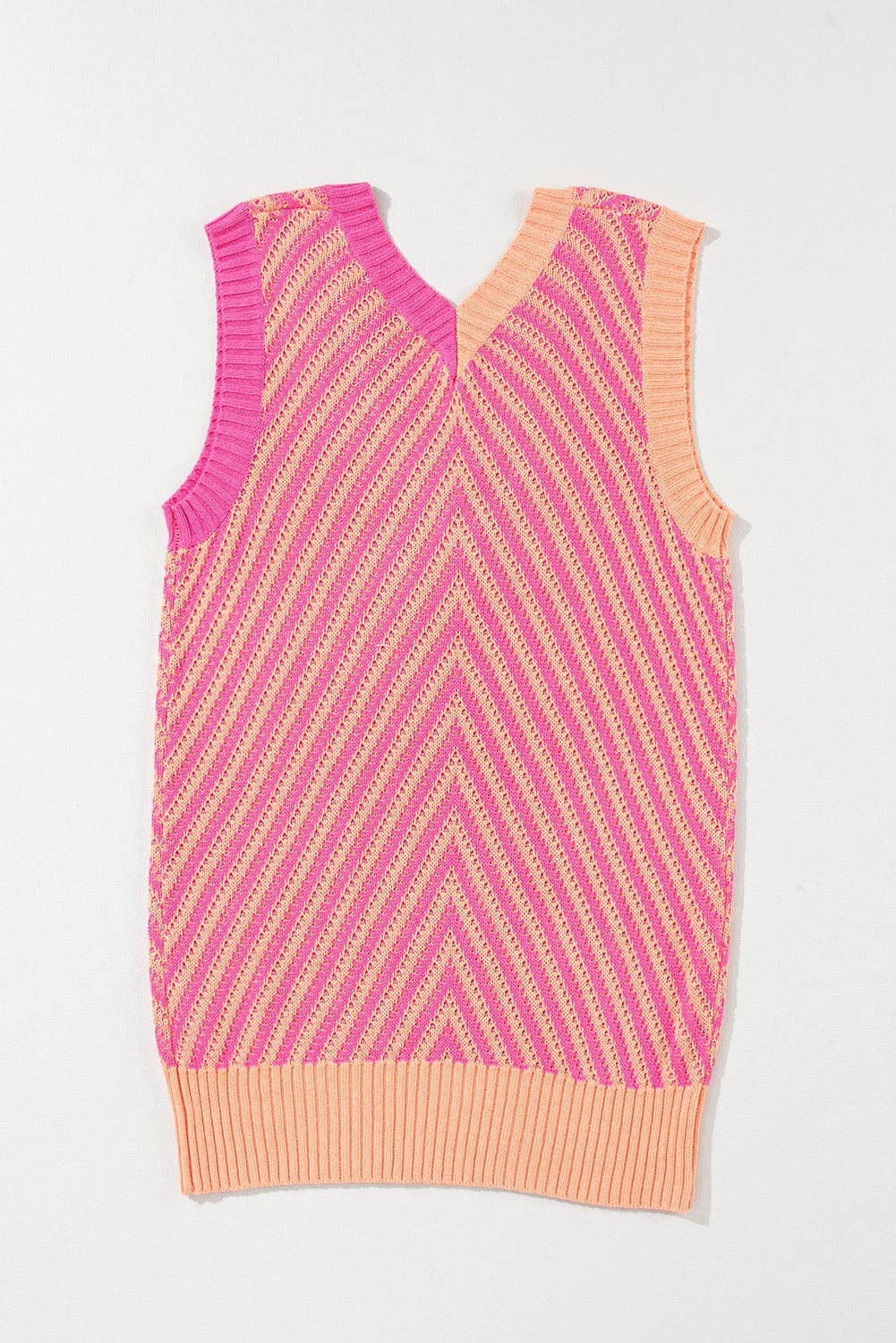 Strawberry Pink Contrast Chevron Knit V Neck Sweater Vest: Strawberry Pink / 100%Viscose / L
