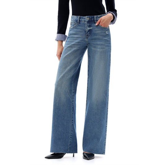 Mid Rise Wide Leg Jeans Raw Hem Vintage Distressed OSW8019: VINTAGE BLUE / 29