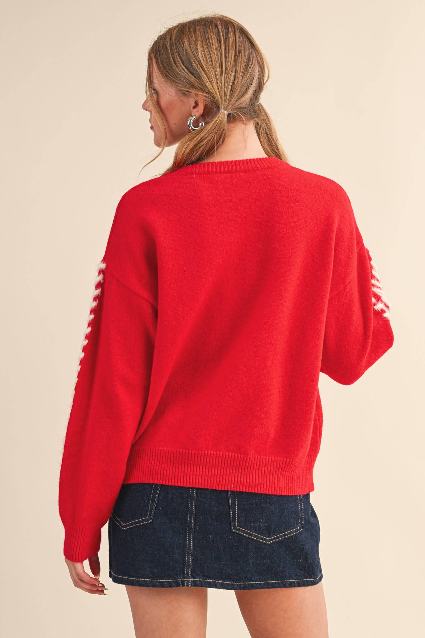 FUZZY HEART KNIT SWEATER WITH WHIP STITCH MSW10990: Red / L