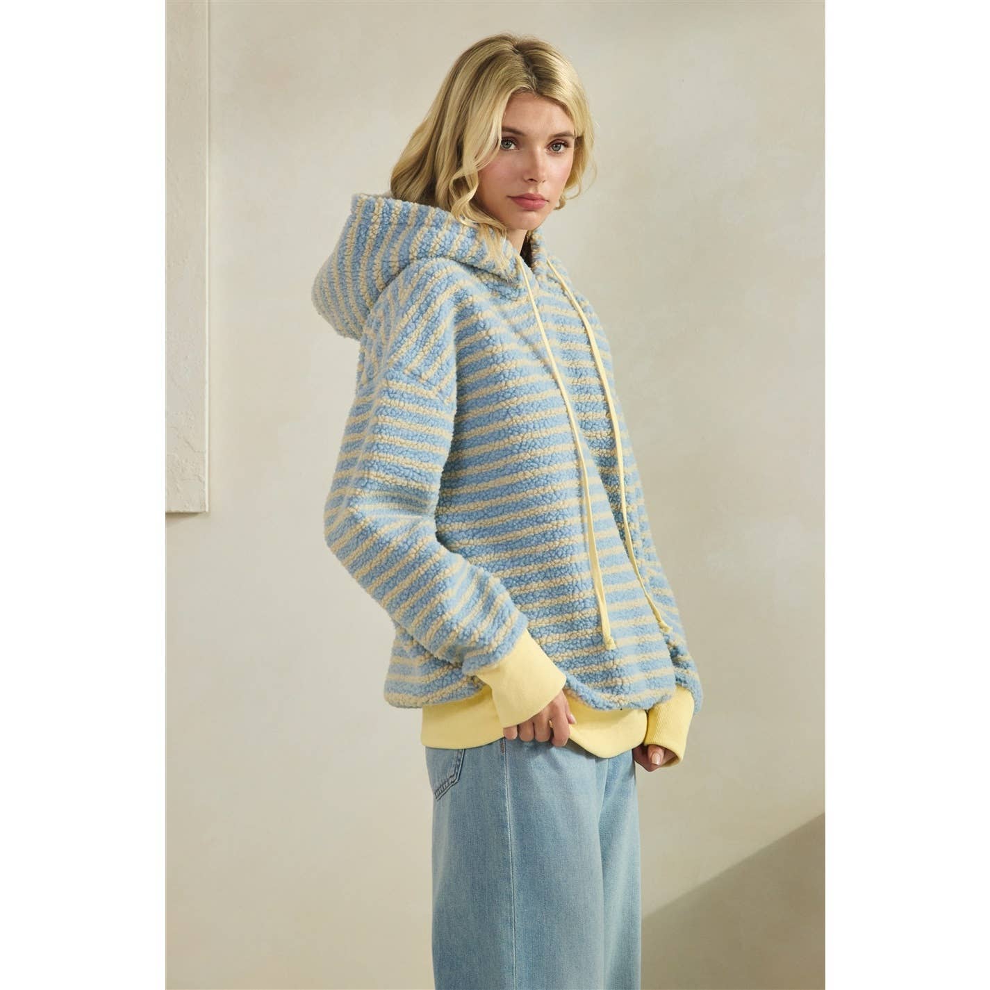 Teddy Striped Contrast Cozy Hoodie: Brown / M