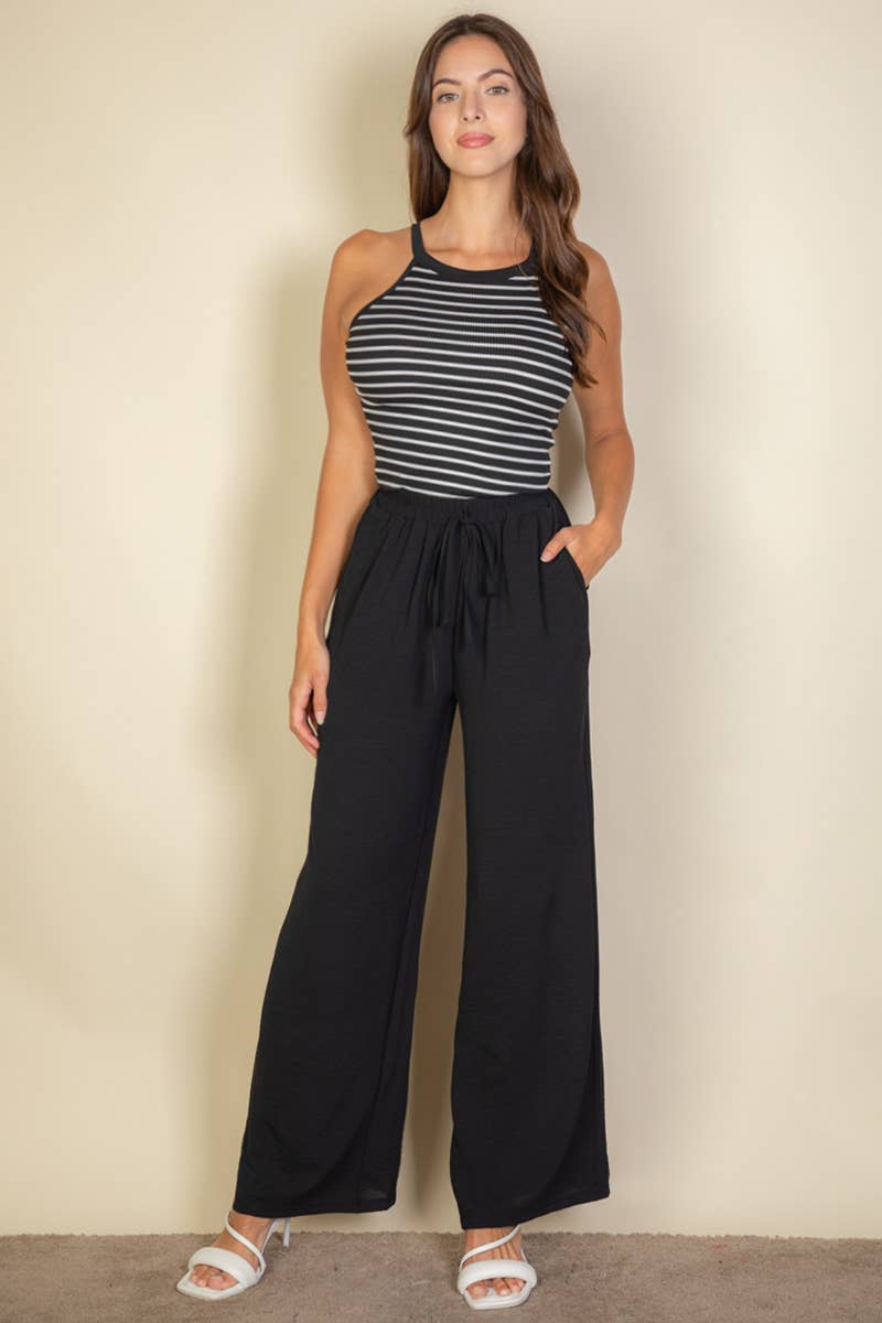 Drawstring waist wide leg minimalist pants: Black / S