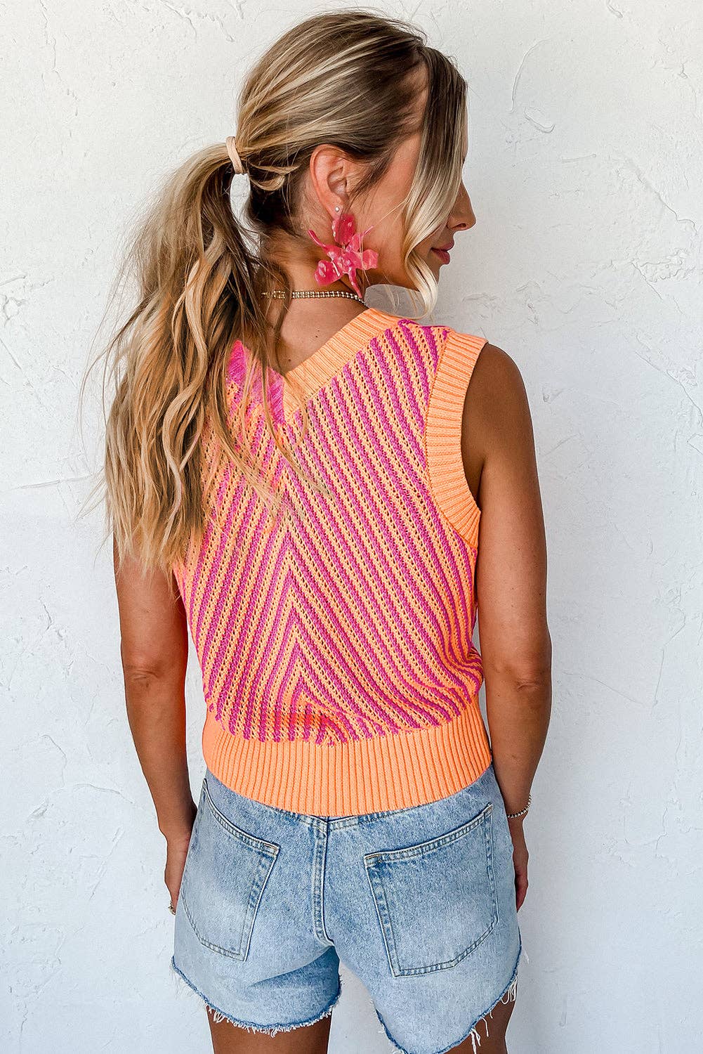 Strawberry Pink Contrast Chevron Knit V Neck Sweater Vest: Strawberry Pink / 100%Viscose / M